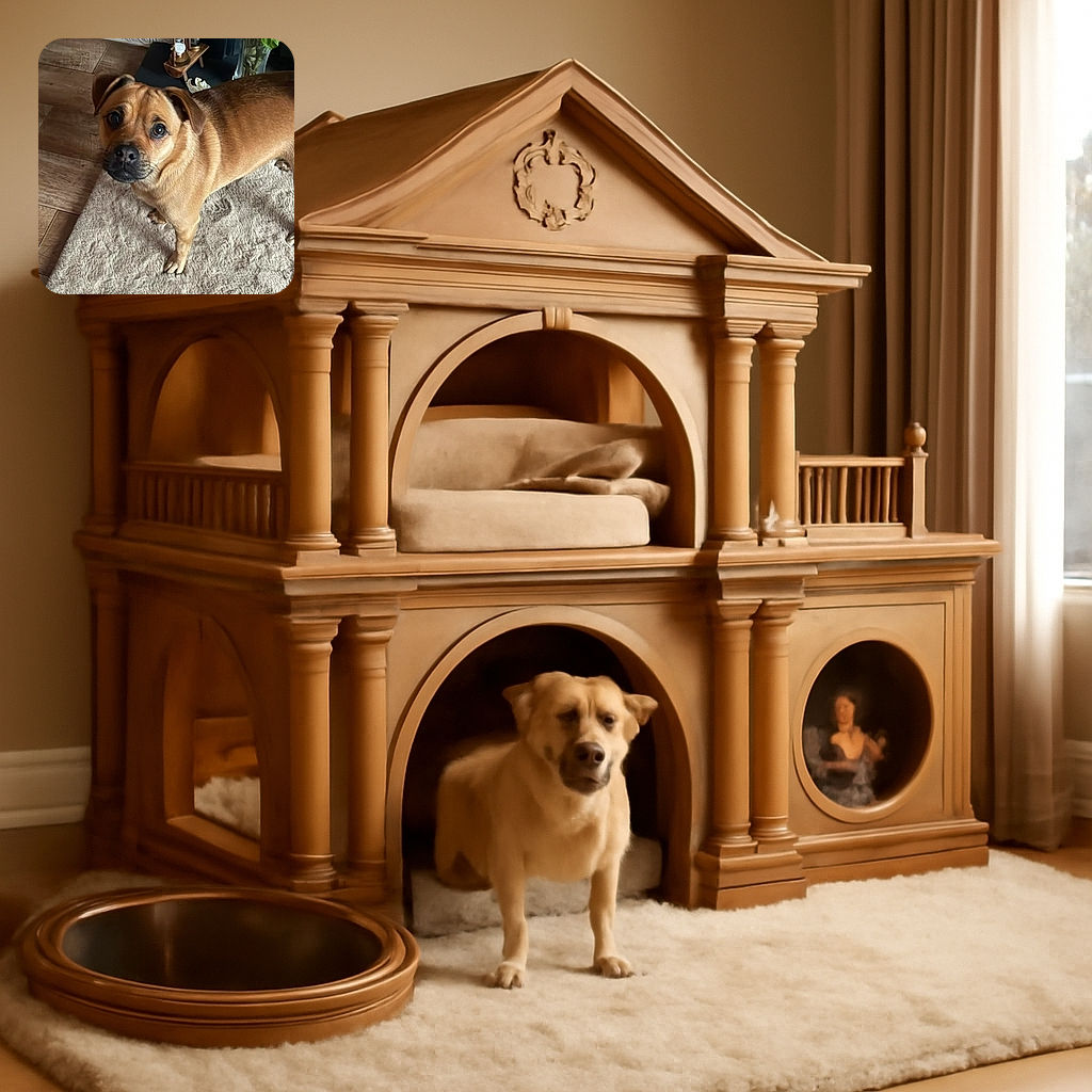 A charming tan dog with soulful eyes stands on a fluffy beige rug, looking up with a mix of curiosity and affection. The wooden floor and decorative items in the background add a cozy home vibe.
