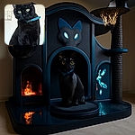 A sleek black cat with striking green eyes and a blue collar sits regally on a wooden surface, staring curiously at the camera with a plain wall and a power outlet in the background.