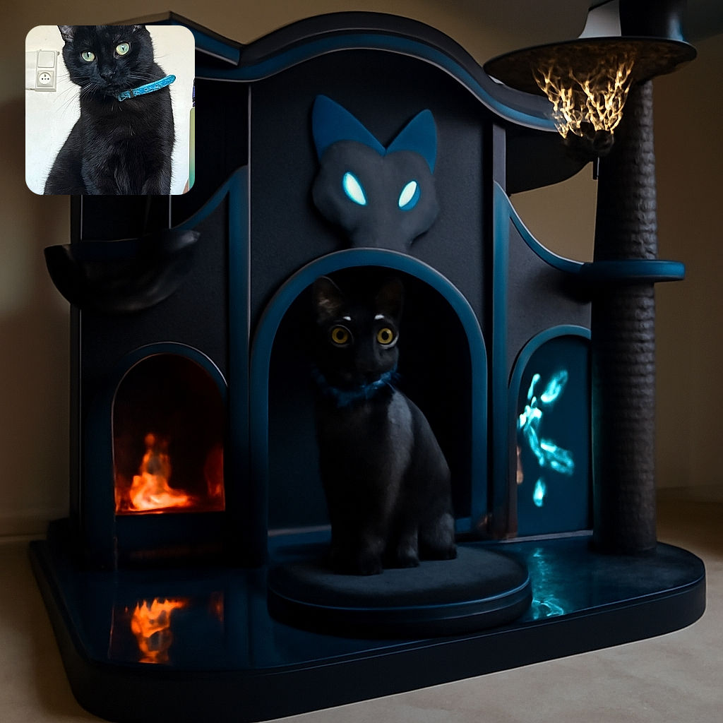 A sleek black cat with striking green eyes and a blue collar sits regally on a wooden surface, staring curiously at the camera with a plain wall and a power outlet in the background.