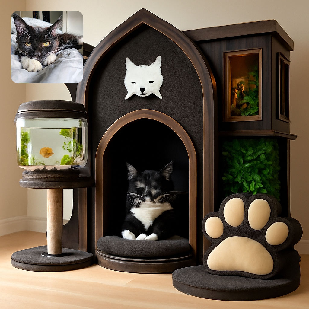 A close-up of a tuxedo cat lying on a soft bed, staring intensely with its bright yellow eyes and white paws stretched forward, creating a cozy and intimate moment.