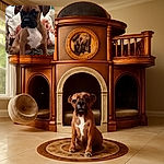 A serious-faced puppy sits on a fuzzy blanket with a backdrop of pillows featuring dog illustrations, creating a cozy and cute canine-themed corner.