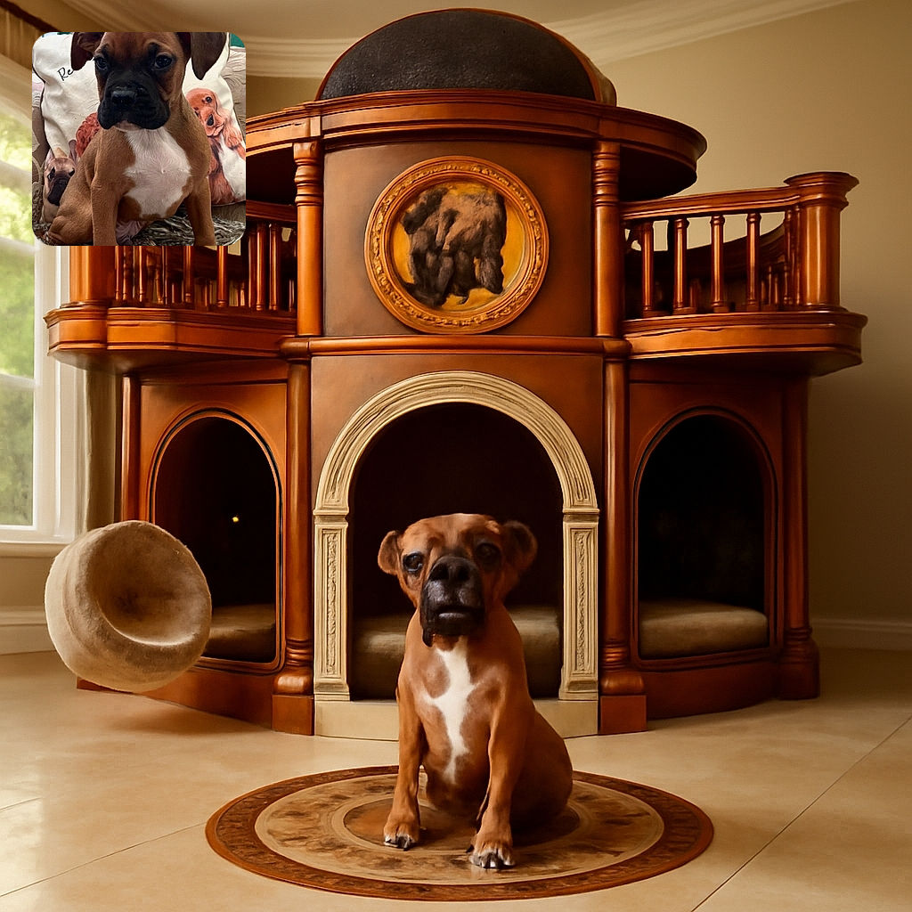 A serious-faced puppy sits on a fuzzy blanket with a backdrop of pillows featuring dog illustrations, creating a cozy and cute canine-themed corner.