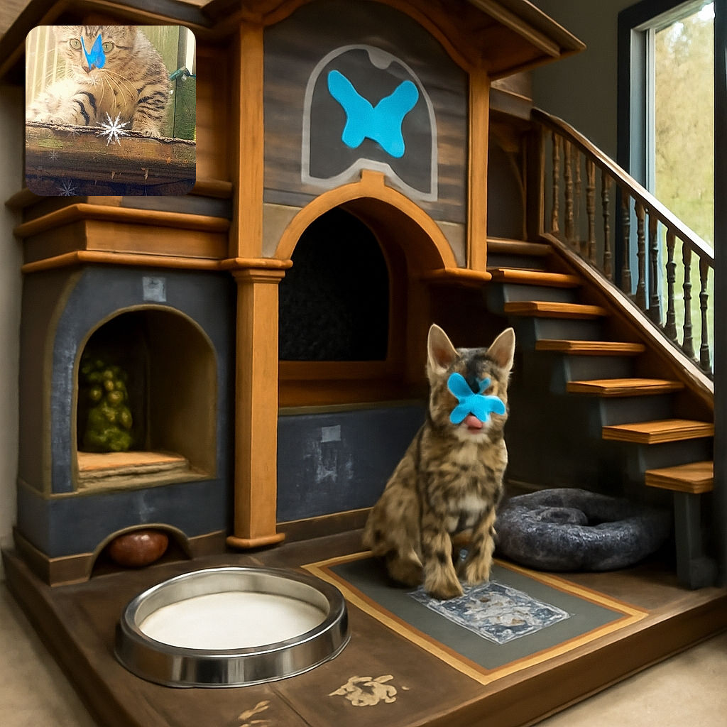A curious tabby kitten lounges on a rustic wooden ledge, playfully captivated by a bright blue butterfly perched on its nose, with whimsical snowflake-like effects scattered around adding a magical touch.