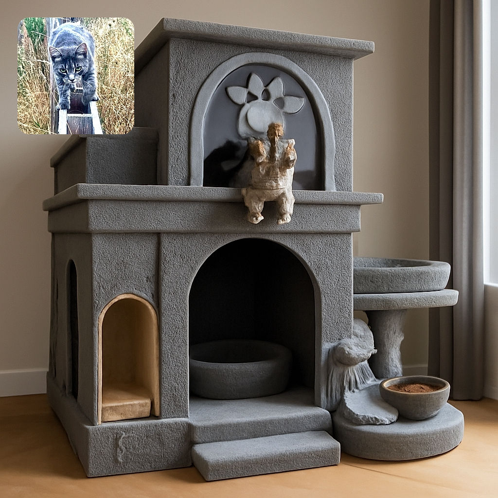 A focused gray tabby cat stealthily stalks along a narrow wooden fence in a dry grassy field, eyes locked forward with intense determination as if on a secret mission.