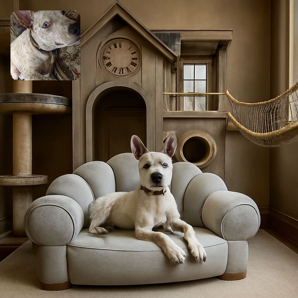 A playful dog with speckled fur and large ears is lying on a patterned couch, looking curiously at the camera with wide eyes, while a hand reaches in from the top left corner.