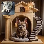 A close-up photo of a French Bulldog with striking blue eyes sitting on a car seat, looking directly at the camera with a slightly serious expression. The car's interior is visible in the background with black seats and a seatbelt buckle.