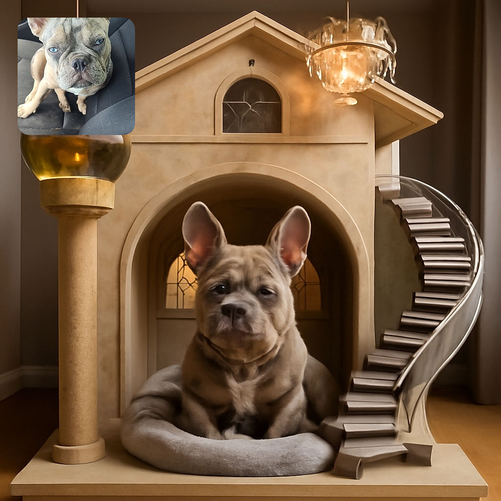 A close-up photo of a French Bulldog with striking blue eyes sitting on a car seat, looking directly at the camera with a slightly serious expression. The car's interior is visible in the background with black seats and a seatbelt buckle.