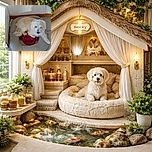 A fluffy white dog is comfortably lounging in a gray pet bed with a red cloth, looking relaxed and cozy in a simple indoor corner with tiled flooring and a slightly worn wall.