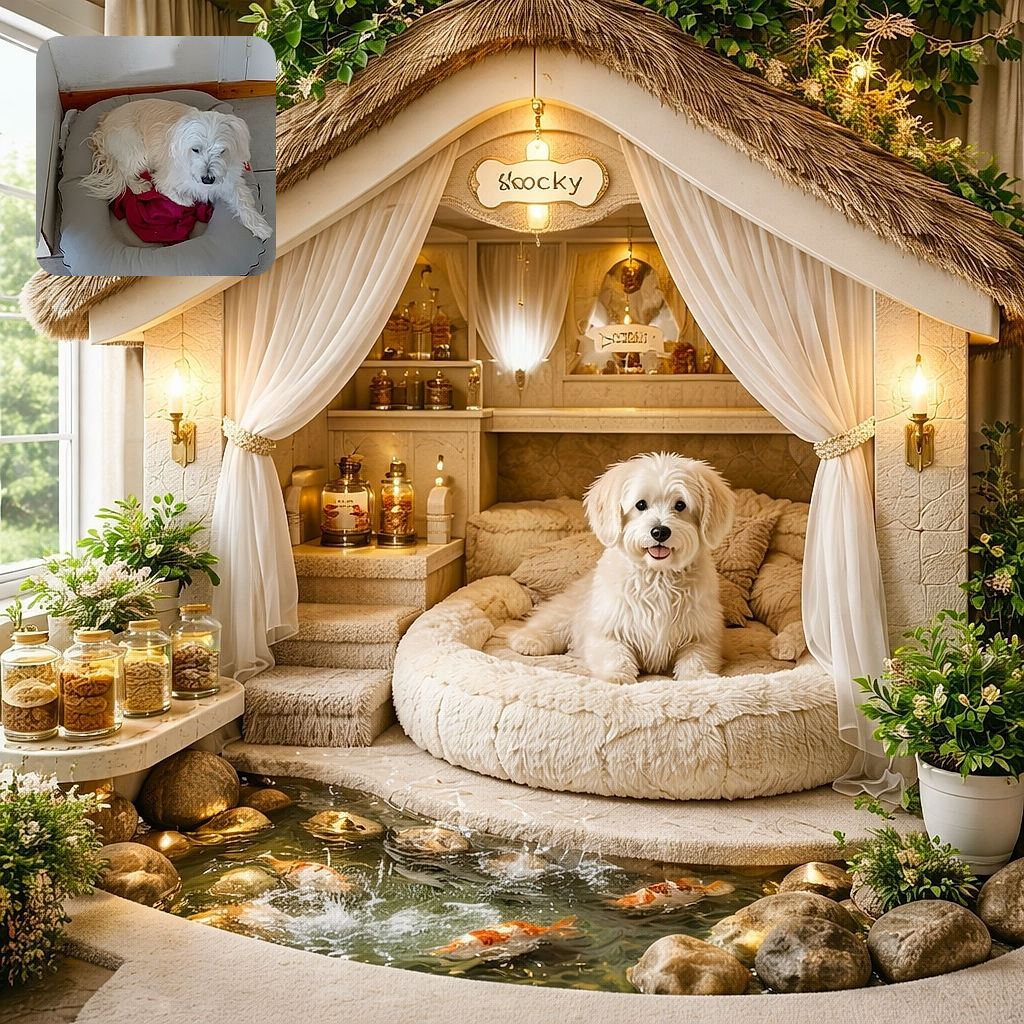 A fluffy white dog is comfortably lounging in a gray pet bed with a red cloth, looking relaxed and cozy in a simple indoor corner with tiled flooring and a slightly worn wall.