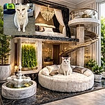 A white cat with distinctive black markings on its ears and a small bell collar sits patiently on a concrete floor, looking slightly sleepy or unimpressed. The background shows a cat tree, some pet supplies, and a bag of cat food, giving a cozy indoor pet vibe.