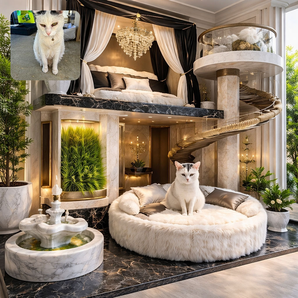 A white cat with distinctive black markings on its ears and a small bell collar sits patiently on a concrete floor, looking slightly sleepy or unimpressed. The background shows a cat tree, some pet supplies, and a bag of cat food, giving a cozy indoor pet vibe.