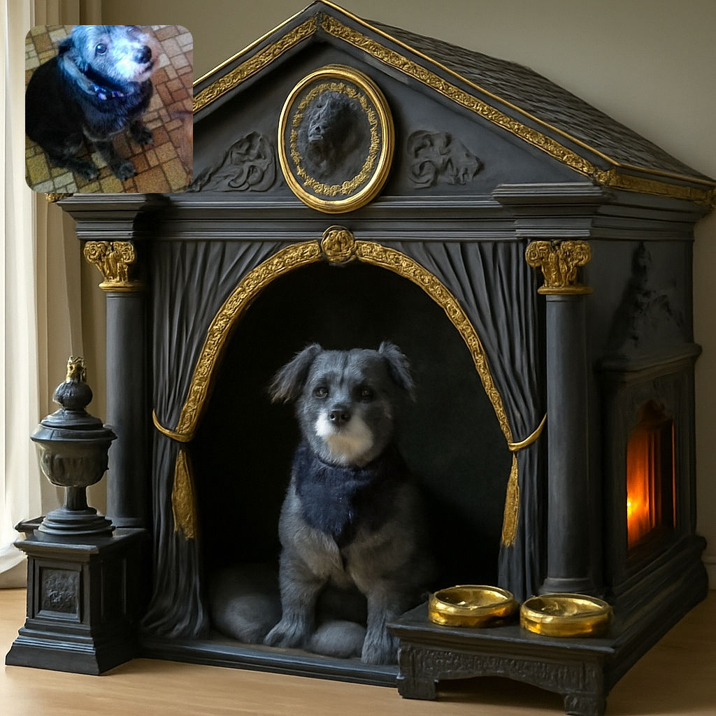 A slightly blurry photo of a small black and gray dog sitting on a patterned tiled floor, looking up with a curious expression, with part of another dog's body visible at the edge.