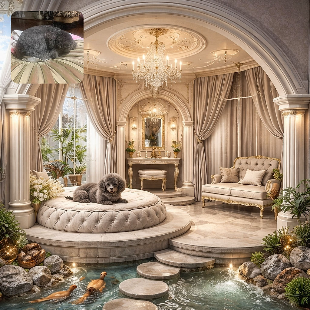 A perfect gray fluff-donut: a small curly-haired dog curled into a near-perfect ball on a striped round cushion, with a patterned ottoman and pink chair in the background — looks like the pup is auditioning to be indoor décor.