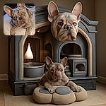 A curious French Bulldog with striking blue eyes is lounging on a cozy white blanket, tilting its head as if pondering the mysteries of the universe or just waiting for a treat.