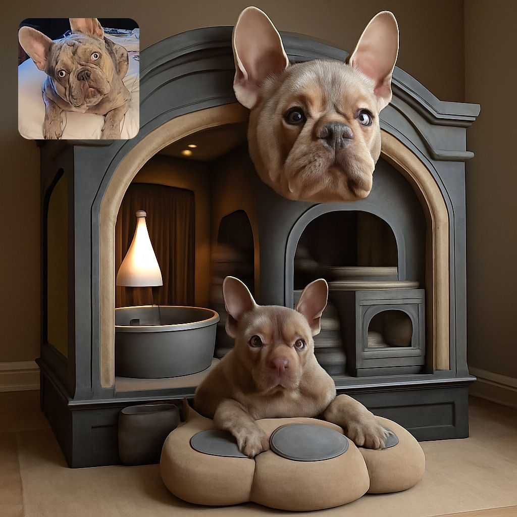 A curious French Bulldog with striking blue eyes is lounging on a cozy white blanket, tilting its head as if pondering the mysteries of the universe or just waiting for a treat.
