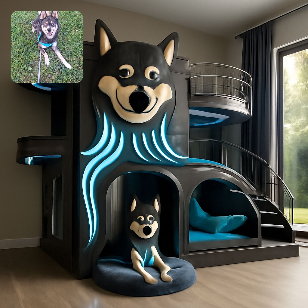 A happy dog with striking blue eyes and a fluffy tail lies on green grass, wearing a bright blue harness and looking directly at the camera with a joyful expression, leash extending towards the viewer.