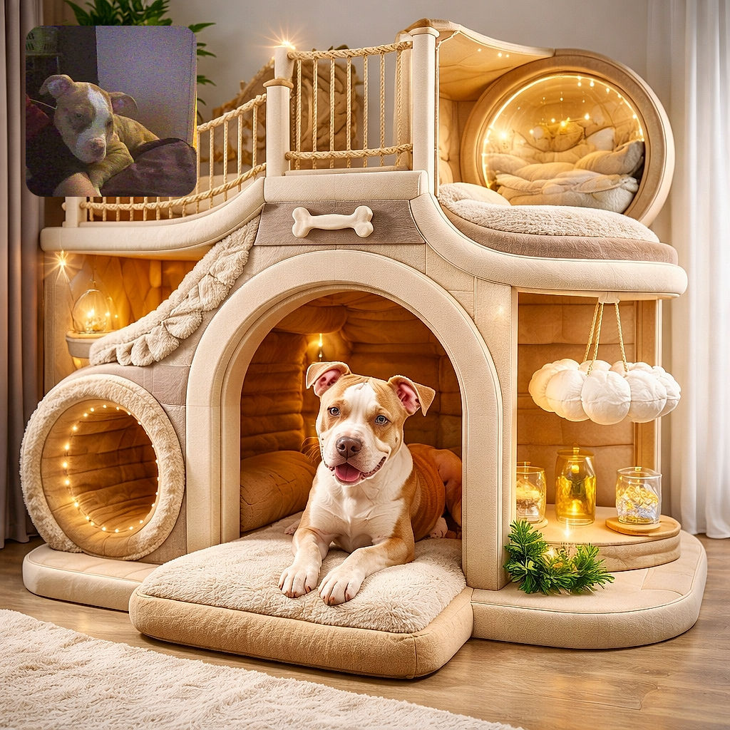 A cozy puppy with a white stripe on its face rests on someone's arm in a dimly lit room, with a warm glow coming from the hallway in the background.