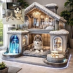 An adorable fluffy husky puppy lounges on a clean tiled floor, its piercing blue eyes staring intensely at the camera. The cozy indoor setting includes a soft blanket rolled up nearby and a reflective glass door in the background, adding depth to the scene.