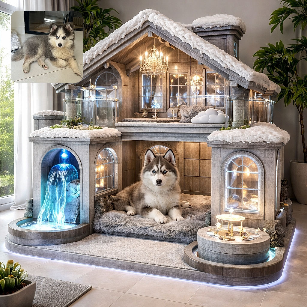 An adorable fluffy husky puppy lounges on a clean tiled floor, its piercing blue eyes staring intensely at the camera. The cozy indoor setting includes a soft blanket rolled up nearby and a reflective glass door in the background, adding depth to the scene.