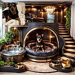 A small black and tan dog with expressive eyes lounges comfortably on a cozy white blanket, set against a softly blurred background featuring a ring light and textured wall, capturing a calm and intimate moment.