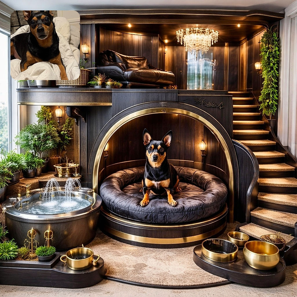 A small black and tan dog with expressive eyes lounges comfortably on a cozy white blanket, set against a softly blurred background featuring a ring light and textured wall, capturing a calm and intimate moment.