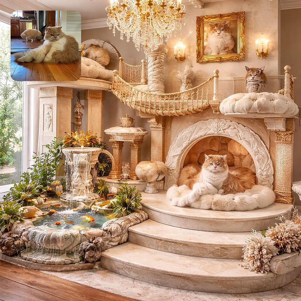 Two outrageously fluffy cats in a sunlit kitchen: a grumpy orange-and-white floof lounges dramatically in the foreground giving severe side-eye while a second white cat nibbles from a food bowl by the cabinets — hardwood floors and warm morning light complete the cozy, judgmental tableau.