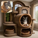 A charming gray and white cat wrapped snugly in a soft brown blanket, looking thoughtfully into the distance like a feline philosopher pondering the mysteries of the universe.