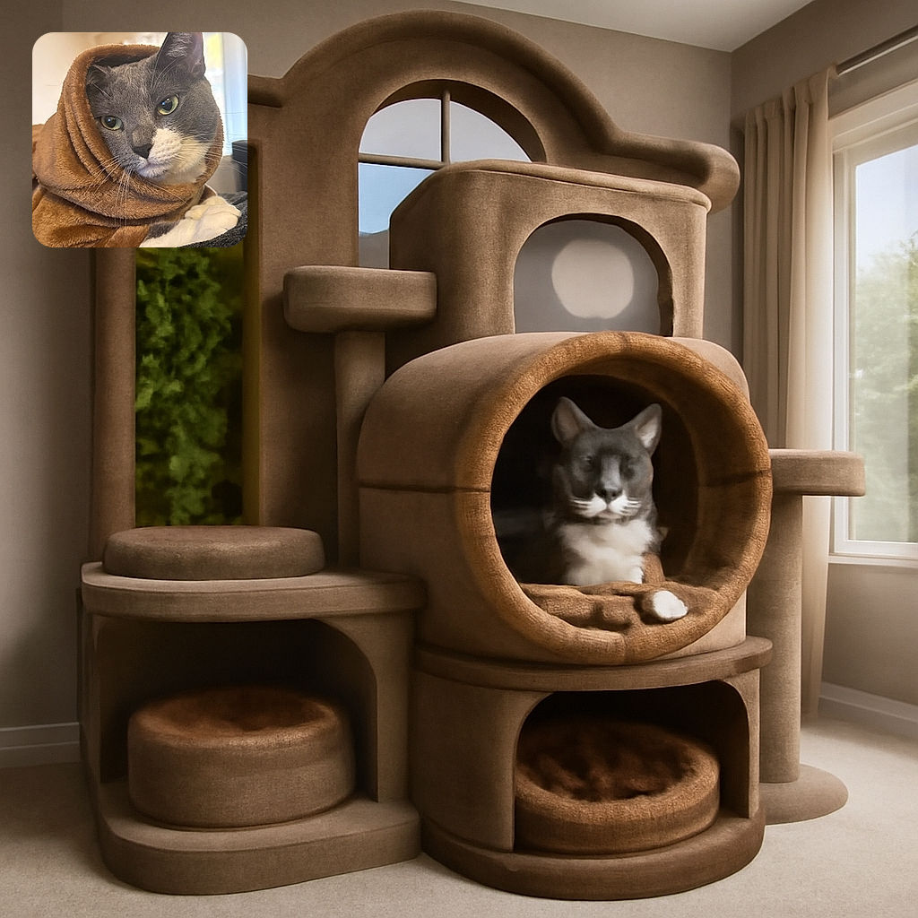 A charming gray and white cat wrapped snugly in a soft brown blanket, looking thoughtfully into the distance like a feline philosopher pondering the mysteries of the universe.