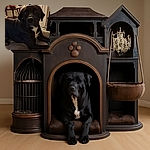 A cozy indoor scene featuring a large black dog with a white patch on its chest lying on a soft blanket. The background shows a warmly lit room with a door, a decorative table with various ornaments, and a lamp casting a gentle glow. The dog looks attentively towards the camera with soulful eyes.