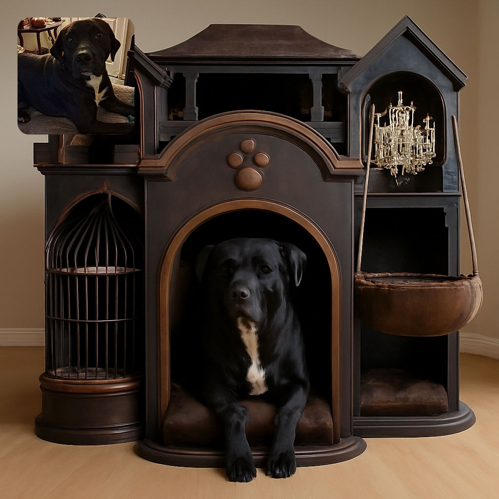 A cozy indoor scene featuring a large black dog with a white patch on its chest lying on a soft blanket. The background shows a warmly lit room with a door, a decorative table with various ornaments, and a lamp casting a gentle glow. The dog looks attentively towards the camera with soulful eyes.