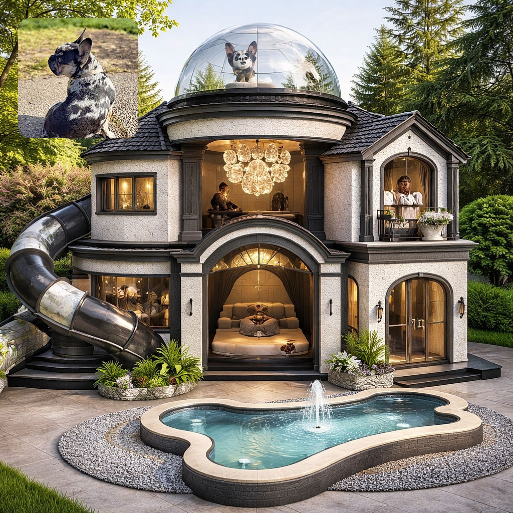 A speckled French Bulldog sits on a sunlit path, looking back over its shoulder with a skeptical yet adorable stare — ears perked, collar catching the light, and a soft bokeh of grass and houses in the background.