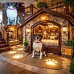 A patient dog wearing a bright pink collar sits on a carpeted floor in a cozy living room, looking directly at the camera with a calm expression. The background shows a fan, a heater glowing red, and a stuffed tiger toy, creating a warm and lived-in atmosphere.