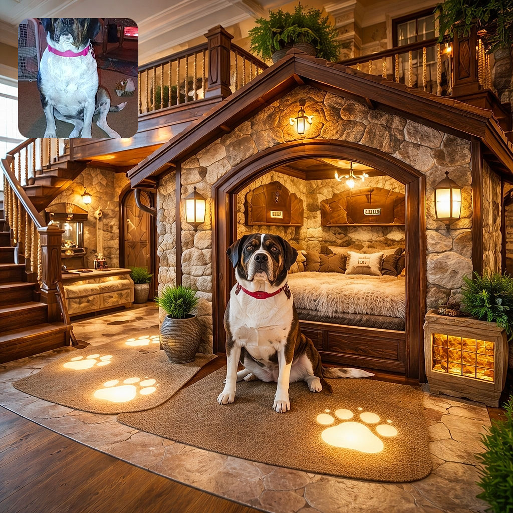 A patient dog wearing a bright pink collar sits on a carpeted floor in a cozy living room, looking directly at the camera with a calm expression. The background shows a fan, a heater glowing red, and a stuffed tiger toy, creating a warm and lived-in atmosphere.