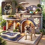 A charming French Bulldog wearing a patriotic bandana with stars and stripes looks directly at the camera with big, curious eyes, standing on a cozy carpet with a wooden floor and air purifier in the background.