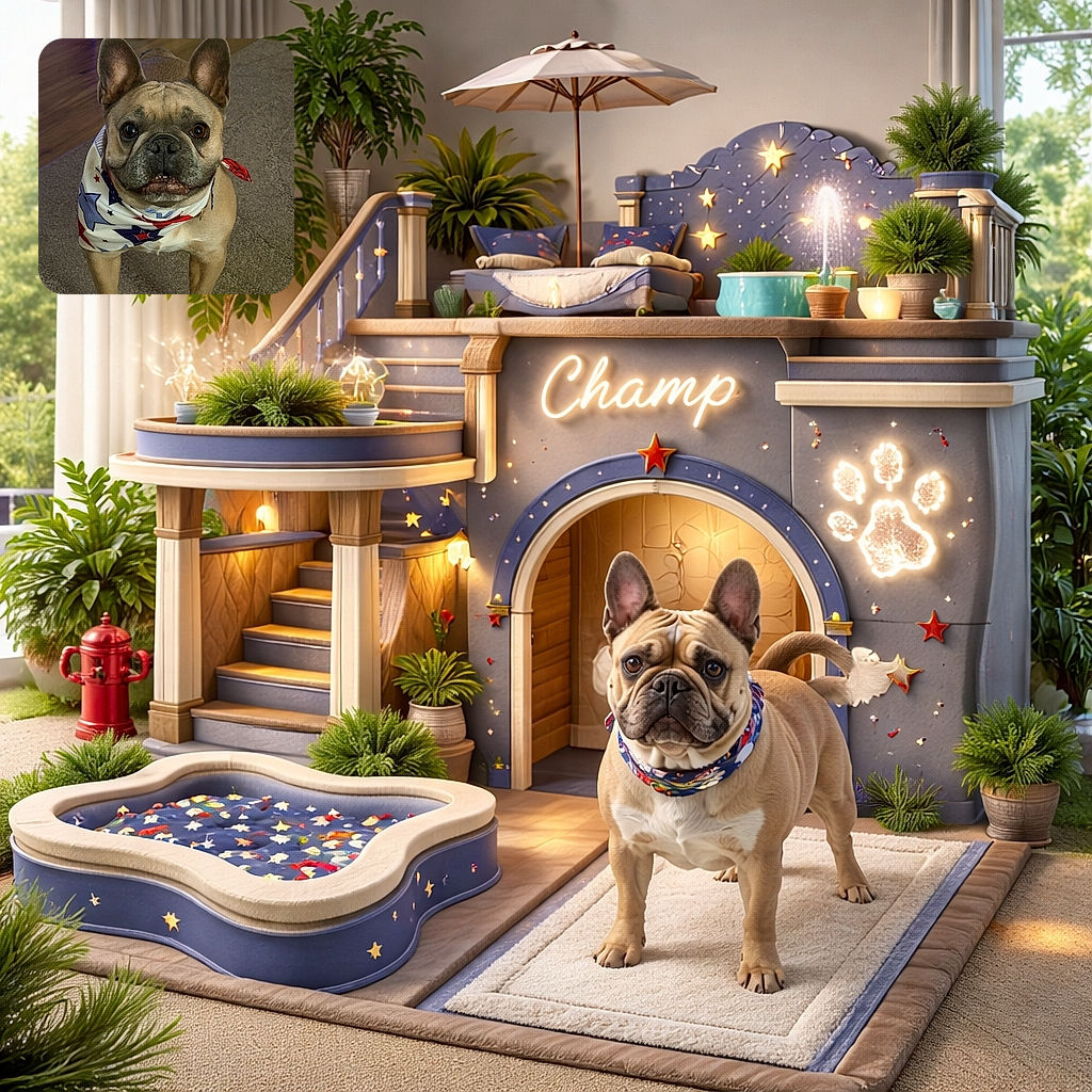 A charming French Bulldog wearing a patriotic bandana with stars and stripes looks directly at the camera with big, curious eyes, standing on a cozy carpet with a wooden floor and air purifier in the background.