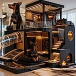 A sharply posed black-and-tan dog sits proudly on a cream armchair, looking to the side like it has just heard extremely important neighborhood gossip. The cozy living room, curtains, rug, and coffee table create a warm domestic backdrop.