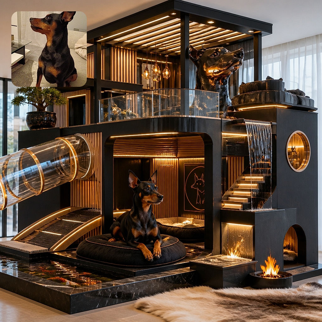 A sharply posed black-and-tan dog sits proudly on a cream armchair, looking to the side like it has just heard extremely important neighborhood gossip. The cozy living room, curtains, rug, and coffee table create a warm domestic backdrop.