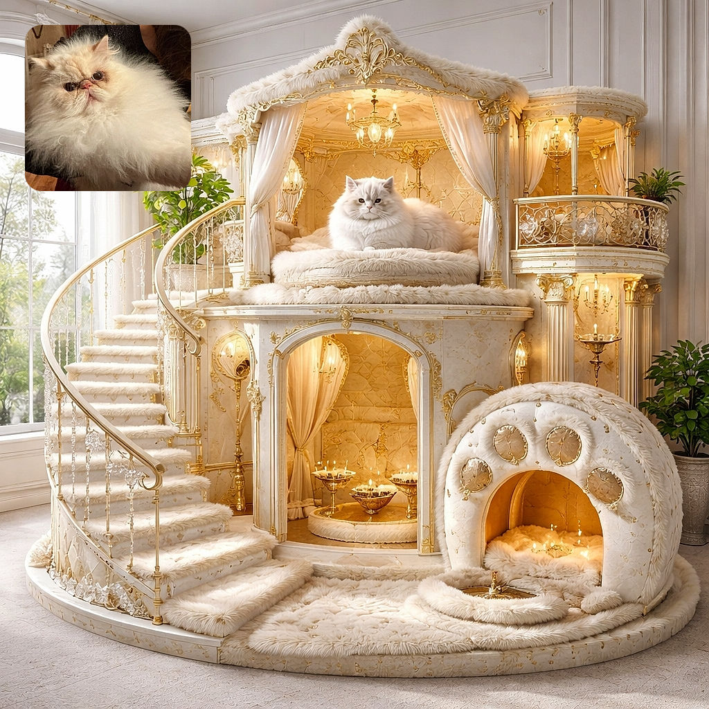 A regal little cloud of fur: a grumpy Persian cat with a flat face and enormous saucer eyes, posing like it owns the living room while being held. Its fluffy mane looks like someone hugged a cotton ball and gave it attitude.