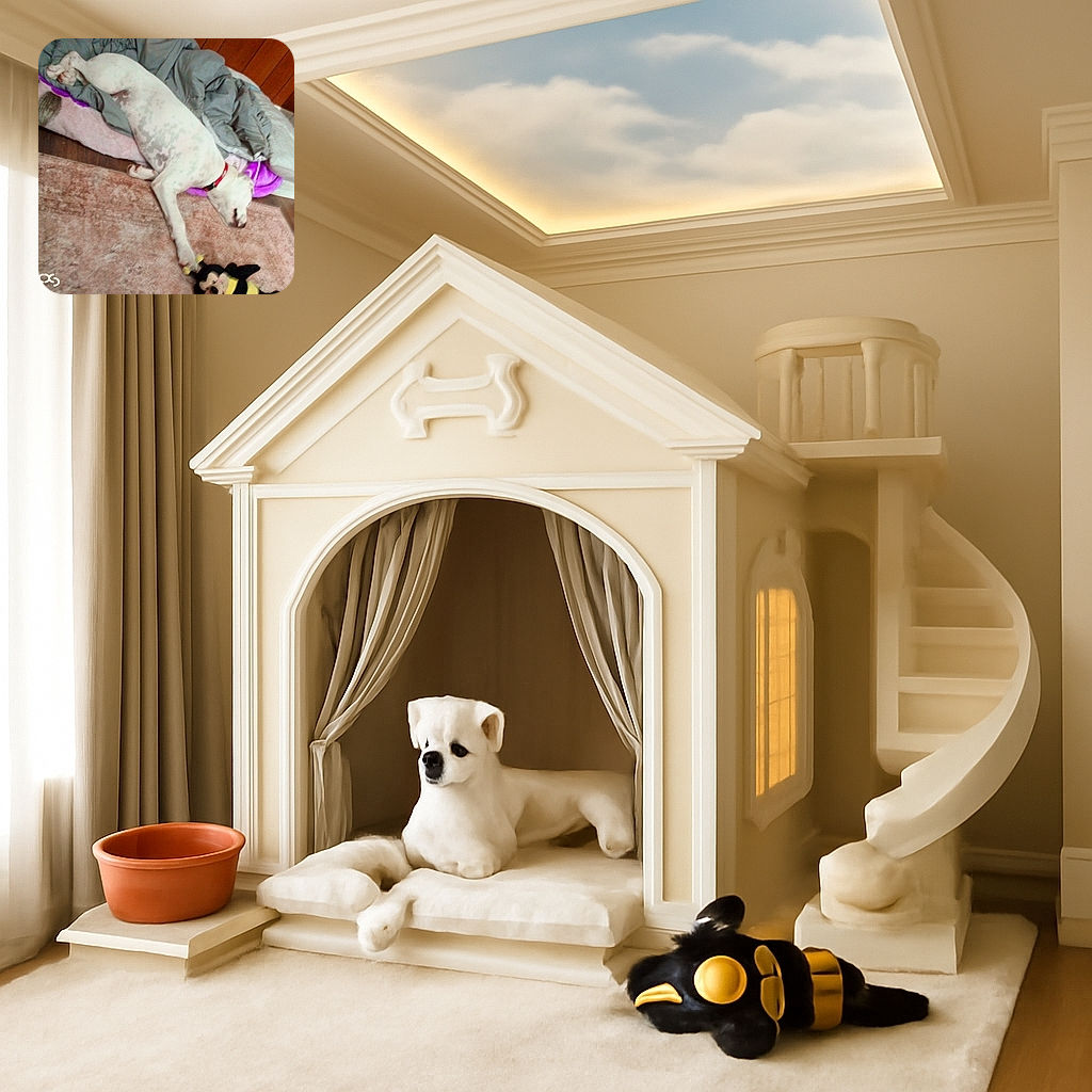 A white dog with light spots is stretched out comfortably on a blanket and carpet, holding a plush toy with its paw, surrounded by cozy bedding and wooden panel walls.