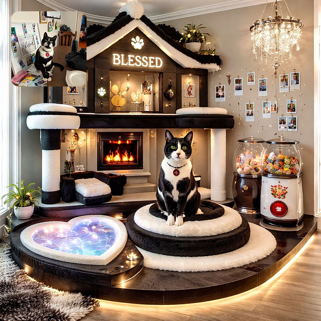 A curious tuxedo cat perches on a cluttered table like it owns the place, head tilted and eyes wide while photo strips, a 'Blessed' sign, plates and a mysterious black bag surround it — clearly the cat's decided this is prime real estate for supervising household chaos.