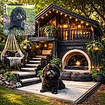 A charming black dog with a slightly goofy underbite sits attentively on a patch of grass and dirt, surrounded by a softly blurred backyard scene with garden furniture and greenery, basking in warm natural light.