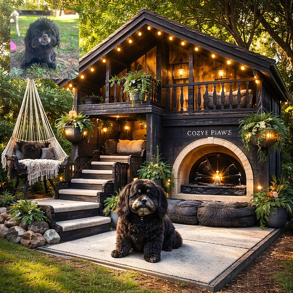A charming black dog with a slightly goofy underbite sits attentively on a patch of grass and dirt, surrounded by a softly blurred backyard scene with garden furniture and greenery, basking in warm natural light.