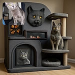 A curious gray cat with striking yellow eyes leans forward, looking intently at the camera, its whiskers and fur sharply detailed against a softly blurred indoor background.