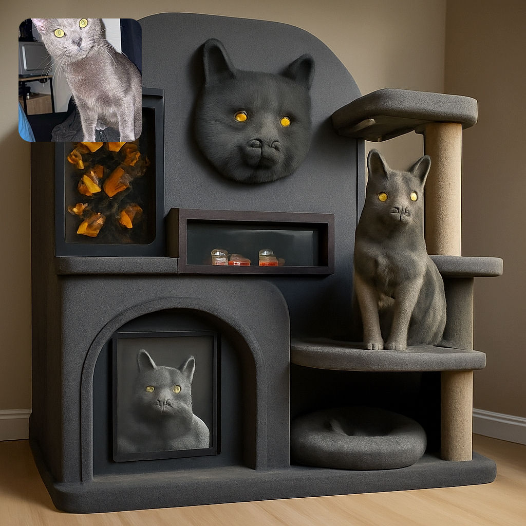 A curious gray cat with striking yellow eyes leans forward, looking intently at the camera, its whiskers and fur sharply detailed against a softly blurred indoor background.