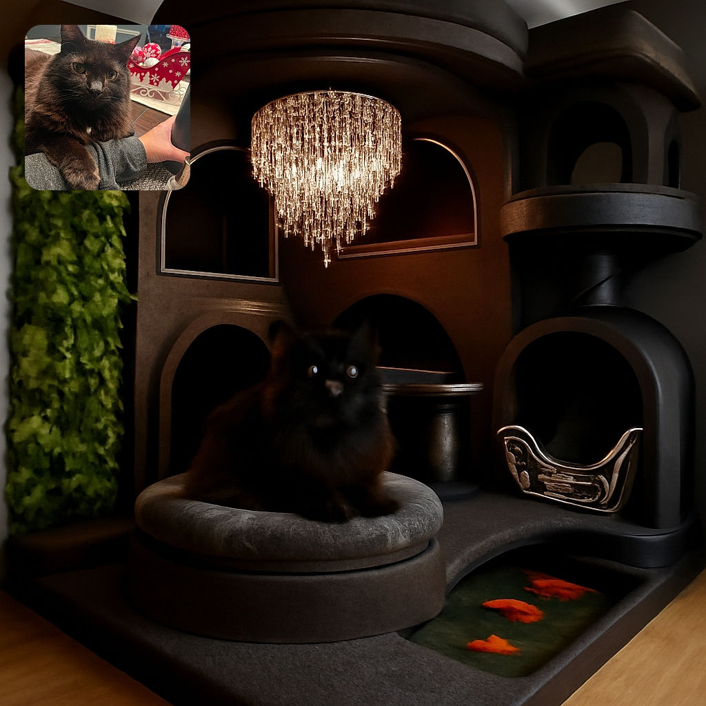 A fluffy dark brown cat is resting its paw on a person's arm, looking curiously at the camera with a cozy indoor setting featuring festive red and white holiday decorations in the background.