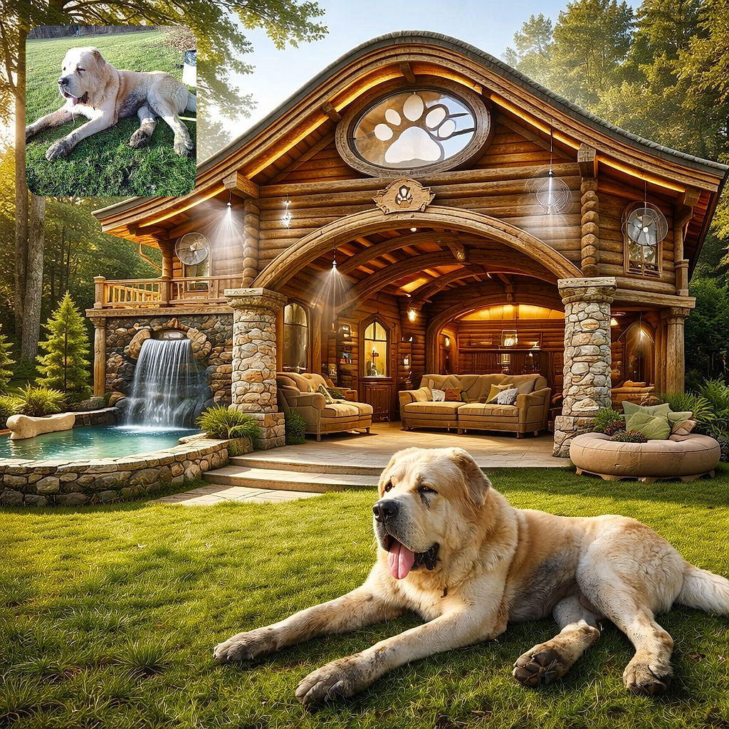 A huge, goofy dog sprawled in the grass looking proud and slightly defeated by mud — tongue lolling, paws caked in dirt, and a string of drool for dramatic effect. Park background, trash bin nearby, and sun giving the fur a warm glow. Looks like he won the mud contest and is now accepting congratulations.