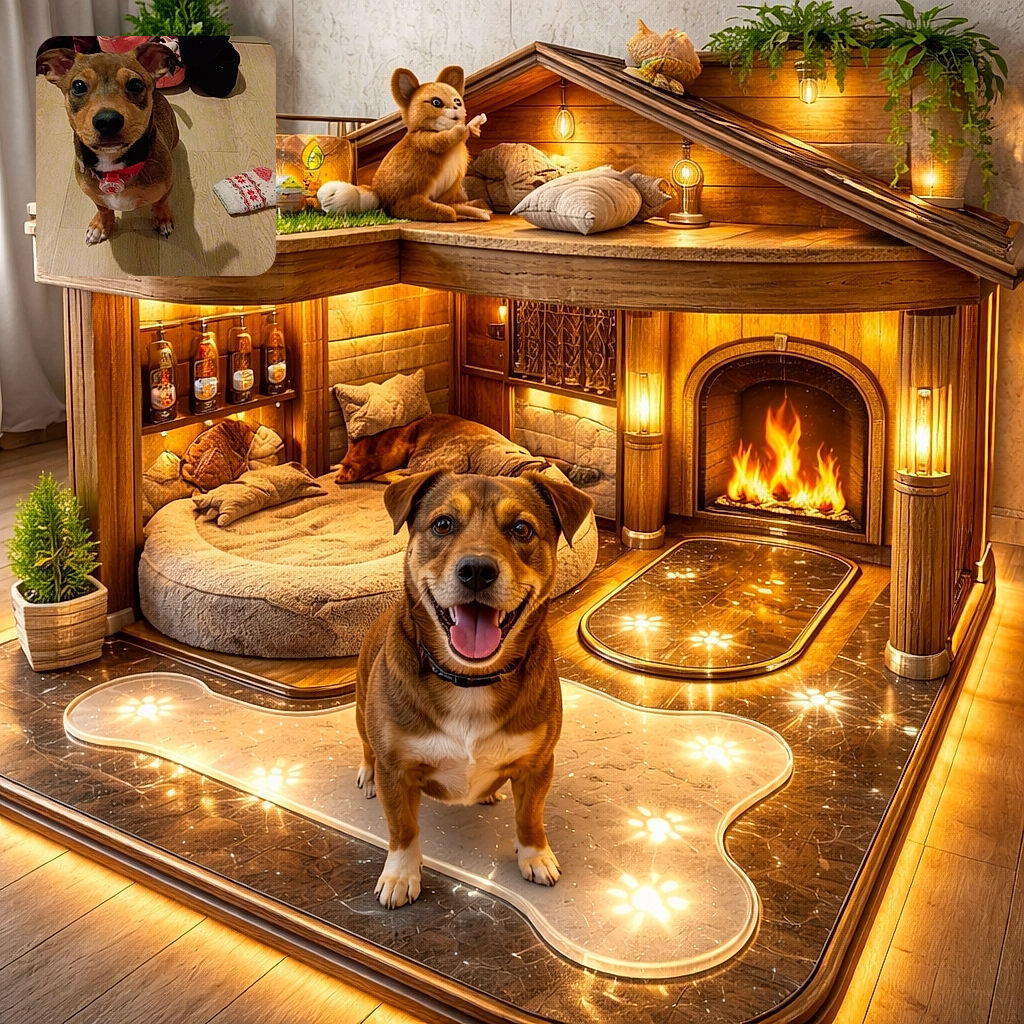 A wide-eyed small brown dog sits on a wooden floor staring up like it's just been reminded treats are a thing — shoes, slippers and a lone festive sock clutter the background while the pup's shadow reaches toward the camera.