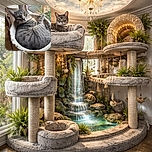 A cozy gray tabby cat curled up in a fluffy white cat bed by the window, gazing curiously at the camera with bright yellow eyes, surrounded by a calm indoor setting with plants outside the window.