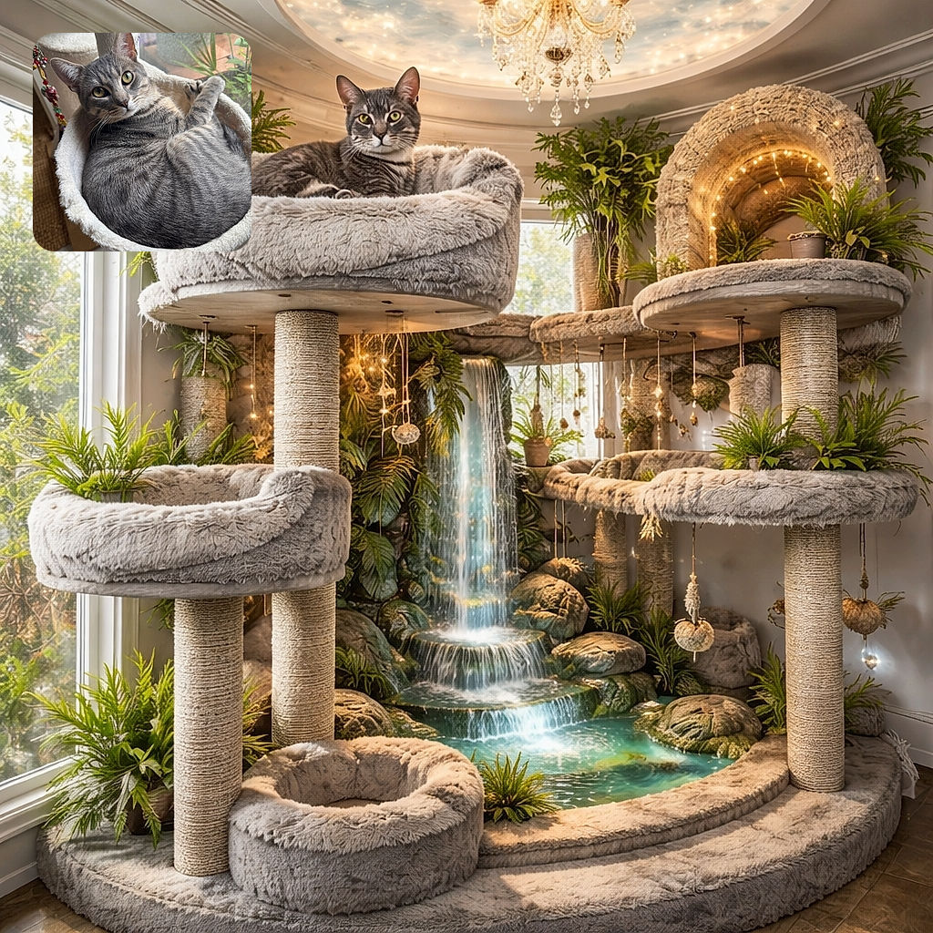 A cozy gray tabby cat curled up in a fluffy white cat bed by the window, gazing curiously at the camera with bright yellow eyes, surrounded by a calm indoor setting with plants outside the window.