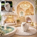A fluffy white Pomeranian puppy stands adorably on a wooden floor, looking off to the side with big, curious eyes. The cozy indoor setting includes a rug and furniture in the background, highlighting the pup's soft fur and tiny paws.